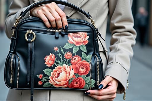 한 여성이 활기찬 도시 거리에서 자신감 있게 서서, 생동감 있는 그림이 그려진 세련된 검은색 가방을 들고 있습니다. 이 가방은 우아하게 디자인되어 있으며, 조절 가능한 스트랩이 그녀의 패셔너블한 옷차림을 보완합니다. 도시 배경은 부드럽게 흐릿하게 처리되어, 이미지의 예술적인 분위기를 강조합니다.