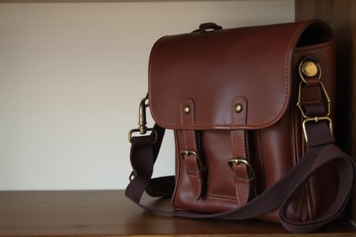 우아한 부티크에서 잘 만들어진 갈색 가죽 가방이 전시되고 있습니다. 이 가방은 넓은 내부와 조절 가능한 어깨끈을 특징으로 하며, 다듬어진 나무 선반 위에 놓여 있습니다. 따뜻한 조명이 주변의 고급스러운 느낌을 강조하며, 매력적인 분위기를 만들어냅니다.
