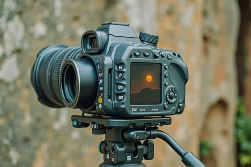 단단한 삼각대에 장착된 고해상도 카메라가 바위가 많은 지형에 단단히 고정되어 있으며, 산 위로 지는 해의 숨막히는 풍경을 포착하고 있습니다. 하늘의 따뜻한 색감은 모험과 창의성의 분위기를 자아내며, 사진작가들이 자연의 아름다움을 탐험하도록 초대합니다.