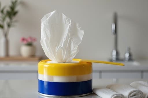 세련되게 정돈된 목재 테이블 위에 변기용 화장지가 우아하게 전시되어 있습니다. 밝고 통풍이 잘 되는 욕실에서 투명한 포장을 통해 부드러운 롤들이 보입니다. 배경에는 식물과 깔끔하게 정돈된 수건과 같은 섬세한 장식 요소가 있어 평화롭고 환영하는 분위기를 만들어냅니다.