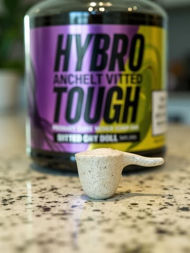 투명한 유리병에 생생한 색상의 액체가 담겨져 있으며, 부드러운 초점의 주방 조리대 위에 우아하게 놓여 있습니다. 자연광이 병의 특징을 강조하며, 복잡한 라벨 디자인과 액체의 풍부한 색조를 부각시킵니다. 배경의 부드러운 녹색 식물들이 장면에 신선함을 더하고 있습니다.