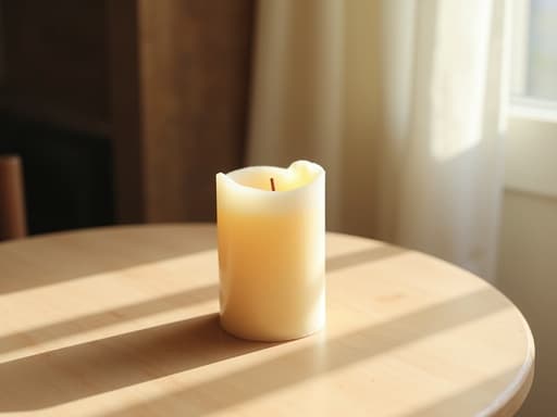 중앙에 있는 촛불, 부드러운 왁스 질감, 따뜻한 빛, 창을 통해 들어오는 밝은 실내 낮빛, 밝은 나무 테이블, 따뜻하고 초대하는 분위기.