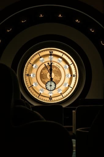 세련된 검은색과 금색의 벽시계가 우아한 거실에 돋보이게 배치되어 있습니다. 이 시계는 대형 숫자 디스플레이와 무소음 기계로 세련된 디자인을 갖추고 있으며, 방의 고급스러운 장식과 완벽하게 조화를 이룹니다. 부드러운 주변 조명이 따뜻한 빛을 발산하여 세련된 분위기를 강조합니다.