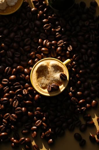 부드러운 자연광에 비춰진 고급스러운 텍스처의 갓 볶은 커피콩이 나무 테이블 위에 흩어져 있는 모습의 클로즈업 이미지. 배경에는 부드럽게 흐릿해진 카페 풍경과 커피 추출 도구들이 따뜻하고 초대하는 분위기를 연출하고 있다.