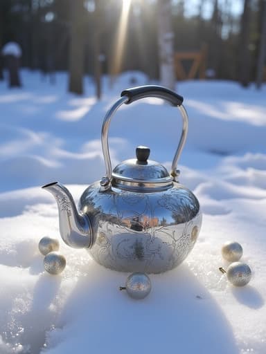 주전자, 서리 장식이 있는 반사 얼음 표면, 고요한 겨울 분위기