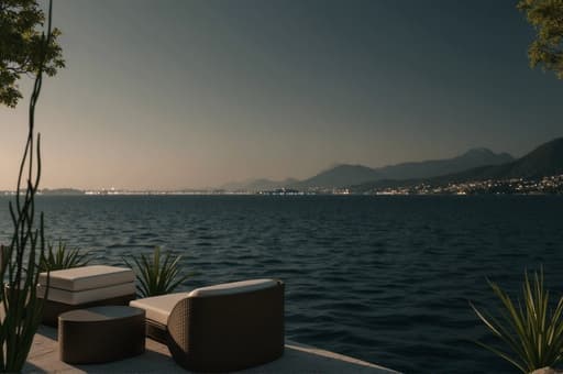 고요한 호숫가에 우아하게 디자인된 야외 좌석 공간이 있는 이미지로, 물에 강한 멋진 가구가 울창한 녹지로 둘러싸여 있습니다. 이 장면은 휴식과 자연과의 조화의 본질을 담아내며, 물가에서 편안히 쉴 수 있도록 초대합니다.