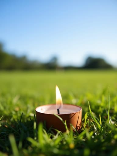 맑은 하늘과 푸른 잔디밭에 있는 티라이트 캔들, 차분하고 평화롭고 초대하는 느낌