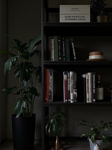 세련된 검은색 선반이 현대적인 거실에서 눈에 띄게 서 있으며, 조정 가능한 선반에는 책, 장식품 및 식물이 가득 차 있습니다. 방은 따뜻하게 조명이 켜져 있으며, 아래에 아늑한 러그와 선반의 현대적인 디자인을 보완하는 스타일리시한 장식이 있습니다.