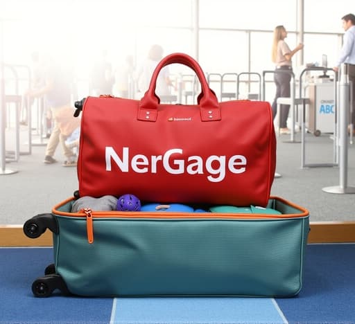 현대적인 디자인의 공항 터미널에서 눈에 띄는 화려한 빨간색 여행가방이 돋보이며, 내구성 있는 디자인과 매끄러운 바퀴가 잘 드러나 있습니다. 가방이 열려 있어 정돈된 내부와 neatly packed items가 보입니다. 주변의 여행자들과 체크인 카운터로 가득한 분주한 분위기가 여행의 설렘을 더해줍니다.