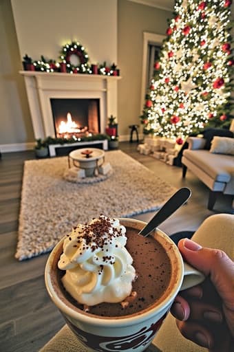 아늑한 실내 장면에서, 사람이 푹신한 휘핑크림과 초콜릿 조각으로 장식된 아름답게 디자인된 도자기 컵에 뜨거운 초콜릿을 들고 있습니다. 배경은 따뜻한 벽난로와 부드러운 조명, 그리고 축제 장식이 어우러져 편안하고 즐거운 분위기를 만들어냅니다.