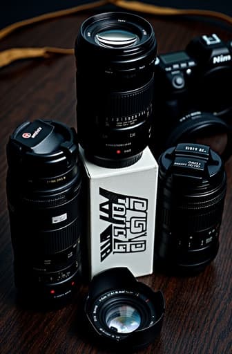 잘 조명된 사진 스튜디오의 광택 있는 나무 표면 위에 놓인 세련된 카메라 렌즈의 클로즈업 샷. 렌즈는 고급 광학과 브랜드 로고를 포함한 복잡한 세부 사항을 특징으로 한다. 흐릿한 배경에는 카메라와 사진 장비의 부드러운 윤곽이 드러나며, 창의성과 전문성의 분위기를 만들어낸다.