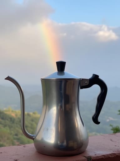 무지개 하늘과 부드러운 구름 속 주전자의 고요하고 희망적인 느낌