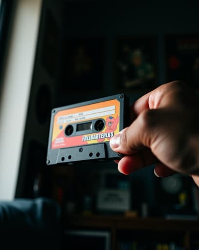 손이 화려한 카세트 테이프를 들고 있는 클로즈업 이미지로, 배경에는 빈티지 테마의 방이 있으며, 선반에는 비닐 레코드와 음악 포스터가 있어 따뜻하고 향수를 불러일으키는 분위기를 자아냅니다.