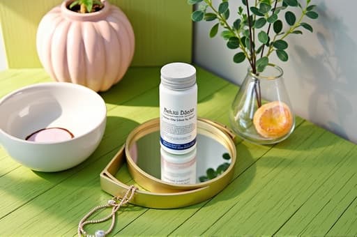 우아한 디자인의 금색 테두리를 가진 원형 거울이 아늑한 거실의 나무 테이블 위에 우아하게 놓여 있습니다. 부드러운 조명이 따뜻한 빛을 비추어 거울의 특징을 강조합니다. 배경의 화분에 심어진 식물들이 녹색의 터치를 더해 아늑한 분위기를 연출합니다.