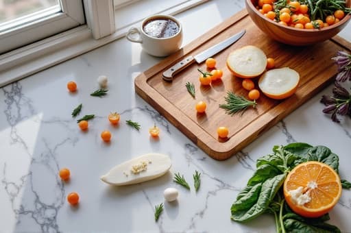 잘 만들어진 나무 도마가 대리석 조리대 위에 놓여 있고, 주변에는 신선한 채소와 허브가 흩어져 있습니다. 근처 창문에서 비치는 따뜻한 빛이 도마의 독특한 나무 결을 강조하며, 요리를 좋아하는 사람들에게 완벽한 아늑한 분위기를 만들어냅니다.