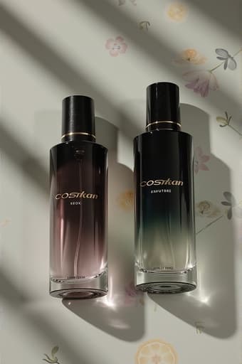 두 개의 우아하게 디자인된 향수 병이 부드러운 파스텔 그라디언트 배경 위에 조화롭게 놓여 있으며, 섬세한 꽃 패턴으로 장식되어 있어 고급스럽고 상쾌한 느낌을 자아냅니다. 첫 번째 병은 꽃 향기를 특징으로 하고, 두 번째 병은 상큼한 시트러스 향을 제공하여 매혹적인 후각 경험을 약속합니다.