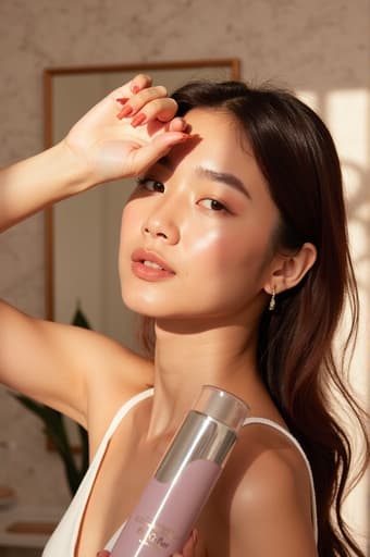 긴 머리를 가진 여성이 밝고 현대적인 욕실에서 샴푸 한 병과 컨디셔너 한 병을 손에 들고 서 있습니다. 대리석 조리대는 우아함을 더하고, 배경의 식물은 상쾌한 분위기를 만들어냅니다. 부드러운 자연광이 장면을 강조하며 그녀의 머리카락의 윤기와 건강을 부각시키고, 이는 헤어 케어 제품의 이점을 잘 보여줍니다.