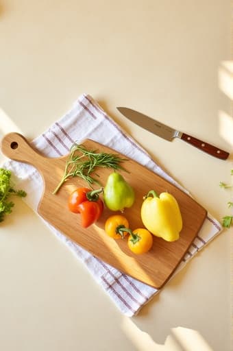 아름답게 제작된 나무 도마가 밝은 주방 조리대 위에 놓여 있으며, 신선한 채소와 허브가 주위를 둘러싸고 있습니다. 날카로운 셰프의 칼이 가까이에 놓여 있어 사용 준비가 되어 있습니다. 햇빛이 쏟아져 들어와 요리의 창의성을 자극하는 따뜻하고 초대하는 분위기를 만들어냅니다.