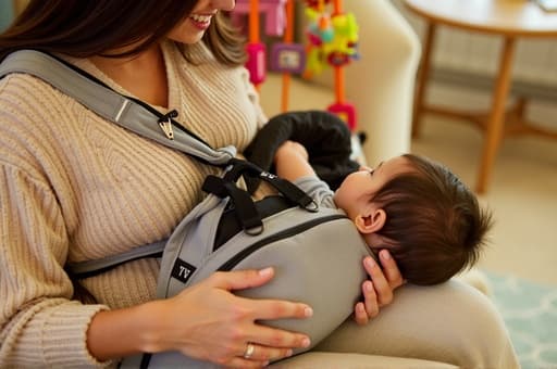 스타일리시한 아기 캐리어에 아기를 부드럽게 안고 있는 여성, 부드러운 조명과 다채로운 아기 장난감으로 가득 찬 아늑한 거실에 둘러싸여 따뜻함과 사랑을 발산하고 있습니다.