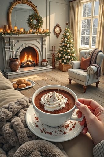 한 사람이 푹신한 휘핑 크림과 초콜릿 조각으로 장식된 따뜻한 핫초코 컵을 들고 있습니다. 아늑한 거실에는 따뜻한 벽난로가 빛나고, 부드러운 담요가 펼쳐져 있으며, 창문 너머로 고요한 눈이 내리는 모습이 보입니다. 겨울에 딱 어울리는 따뜻하고 초대하는 분위기를 연출합니다.