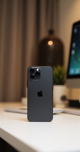 깔끔한 흰색 테이블 위에 세련된 디자인의 검은색 아이폰이 우아하게 놓여 있습니다. 밝은 환경은 스마트폰의 세련됨을 강조하며, 이미지의 중심 요소로 돋보이게 합니다.