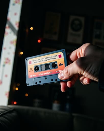 따뜻한 조명 아래에 음악 기념품으로 장식된 아늑한 레트로 테마의 방에서, 손이 생동감 있는 카세트 테이프를 부드럽게 잡고 있는 모습이 클로즈업으로 담겨 있습니다. 이 장면의 따뜻한 조명은 향수를 불러일으키며 음악의 황금기를 떠올리게 합니다.