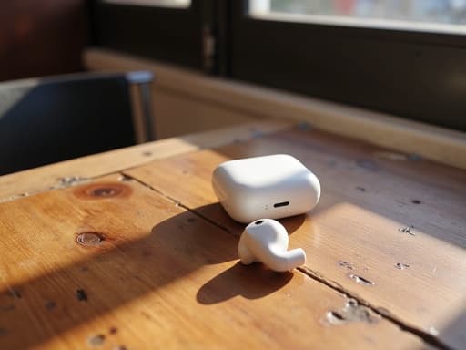 빈티지 카페 테이블 위에 무선 이어폰, 자연광이 나무 질감을 비추고, 테이블 표면의 미세한 결점, 부드러운 그림자가 주위에 드리워지고, 복고풍의 느낌을 위해 희미한 색상.