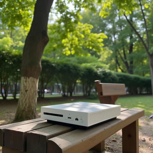 도시 공원 벤치 위에 있는 게임 콘솔, 녹색 잎을 통해 비치는 점잖은 햇빛, 벤치와 콘솔의 사실적인 질감, 부드러운 그림자, 배경의 생동감 넘치는 초목, 평화로운, 편안한, 초대하는