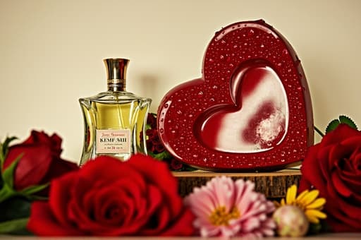 신선한 빨간 장미의 멋진 클로즈업, 부드러운 꽃잎에 이슬방울이 반짝이고, 흐릿한 정원 배경에 무성한 녹색과 다채로운 꽃들이 어우러져 있습니다.