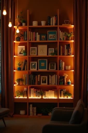 현대적인 거실에 잘 배치된 선반 벽의 모습. 선반에는 책, 장식품, 식물이 가득 차 있어 아늑하고 초대하는 분위기를 만들어냅니다. 부드러운 조명이 방의 따뜻한 색감을 강조하여 편안하고 정돈된 느낌을 줍니다.