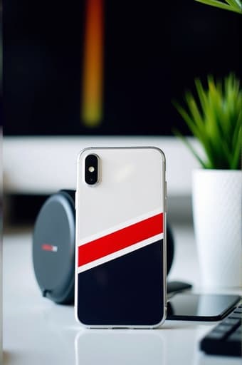 세련된 흰색과 검은색 스마트폰이 미니멀한 책상 위에 돋보이게 놓여 있습니다. 이 기기는 생동감 있는 앱 인터페이스를 보여주는 고해상도 화면을 특징으로 합니다. 부드러운 자연광이 세련된 디자인을 강조하며, 배경의 미묘한 장식 식물이 현대적인 작업 공간에 신선함을 더합니다.