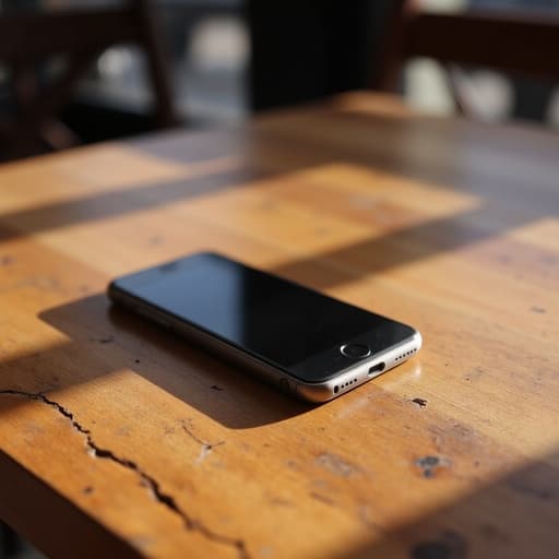 빈티지 카페 테이블 위에 스마트폰의 클로즈업, 부드러운 자연광과 부드러운 그림자가 있는 아늑하고 매력적인 분위기.