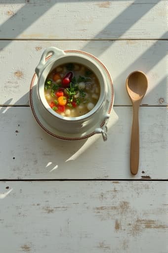아름답게 제작된 세라믹 그릇에 따뜻한 수프가 담겨 있고, 신선한 허브와 다채로운 채소로 장식되어 있습니다. 아늑한 주방 환경의 나무 테이블 위에 놓여 있으며, 부드러운 자연광이 창문을 통해 스며들고 있습니다. 그릇 옆에는 식사를 초대하는 나무 숟가락이 놓여 있습니다.