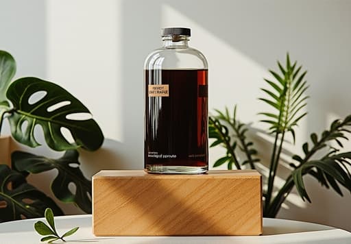 투명한 유리병에 생기 넘치는 색의 액체가 우아하게 놓여 있습니다. 미니멀한 나무 테이블 위에 부드러운 자연광이 비추어 병의 세련된 디자인을 강조합니다. 배경에는 무성한 녹색 식물이 있어 상쾌한 느낌을 더하며 초대하는 분위기를 만들어냅니다.