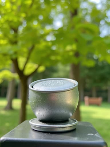 금속 표면에 미세한 반사와 부드러운 응결 방울이 있는 음료 캔의 클로즈업, 생기 넘치는 녹색 잎사귀를 배경으로 한 봄의 분위기에서 자연광이 잎을 통해 비추는 모습.