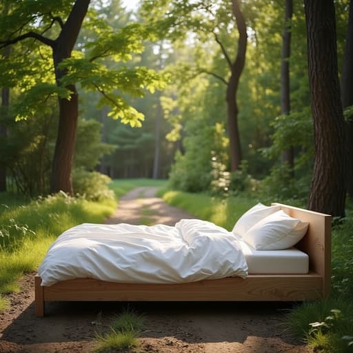 여름 숲속 오솔길에 있는 초현실적인 싱글 침대, 자연스러운 나무 질감, 부드러운 침대용 베딩, 나뭇잎 사이로 필터링된 햇빛, 나무 결의 약간의 불완전함, 배경의 녹색 잎사귀, 부드러운 그림자와 따뜻한 빛, 따뜻하고 평화롭고 초대하는