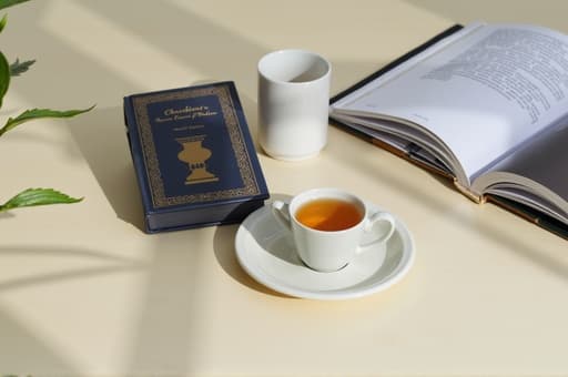 나무 테이블 위에 아름답게 제본된 하드커버 책과 섬세한 패턴의 세라믹 찻잔이 소서와 함께 놓여 있는 고요한 장면입니다. 근처 창문을 통해 햇살이 스며들어 따뜻한 빛을 드리우며, 무성한 실내 식물로 둘러싸여 아늑하고 매력적인 분위기를 연출합니다.