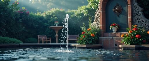 아름답게 디자인된 장식용 수(水) 특징이 푸르른 정원의 중앙에 자리 잡고 있으며, 다채로운 꽃들과 무성한 잎사귀들로 둘러싸여 있습니다. 흐르는 물의 부드러운 소리는 평화로운 분위기를 자아내고, 나무 사이로 비치는 부드러운 햇빛이 분수의 우아한 곡선을 강조합니다.