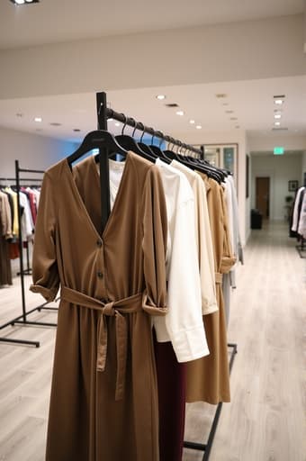 다양한 트렌디한 의류가 가득한 세련된 옷걸이가 있는 모습. 배경에는 나무 바닥과 부드러운 조명이 있는 현대적인 부티크가 있어 세련되고 매력적인 분위기를 자아낸다.