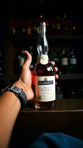 정교하게 디자인된 유리 술병이 광택 있는 나무 바닥 위에 놓여 있고, 배경에는 다양한 주류가 가득한 선반이 있습니다. 병은 복잡한 라벨과 코르크 마개를 특징으로 하며, 부드러운 조명이 장면 위에 따뜻한 빛을 드리워 세련되고 매력적인 분위기를 만들어냅니다.