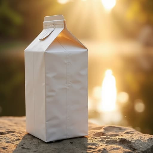 황금빛 노을이 지는 호수 위의 우유 팩, 따뜻하고 평화롭고 고요한