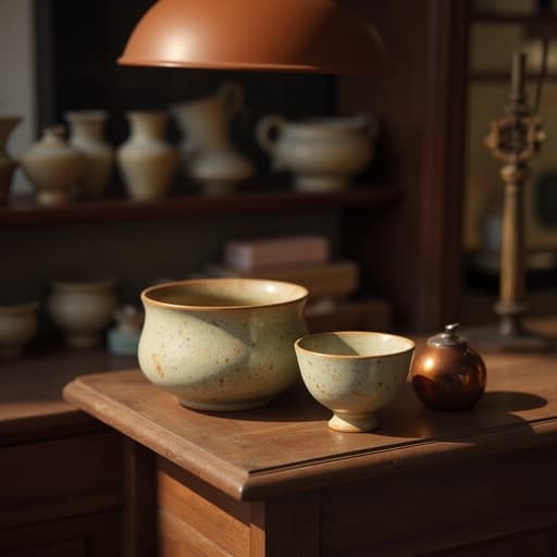 앤티크 빈티지 숍에 있는 무드등, 자연광과 부드러운 그림자가 어우러진 따뜻하고 초대하는 듯한 분위기.