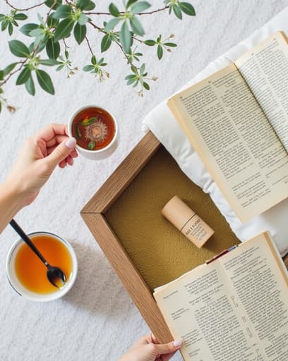 한 사람이 한 손에 향긋한 허브차가 담긴 유리컵을, 다른 손에는 열린 책을 들고 아늑한 거실에 앉아 있습니다. 부드러운 조명이 따뜻한 분위기를 만들어 주며, 푹신한 안락의자와 작은 사이드 테이블 위에는 장식용 식물이 놓여 있습니다.