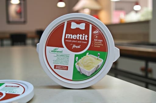 세련된 흰색 용기가 화려한 빨간색과 초록색 디자인으로 현대적인 주방 카운터 위에 놓여 있습니다. 부드러운 자연광이 용기의 색상을 강조하여 신선하고 매력적인 분위기를 만들어냅니다. 배경은 미니멀리즘으로 구성되어 제품에 시선을 집중시킵니다.