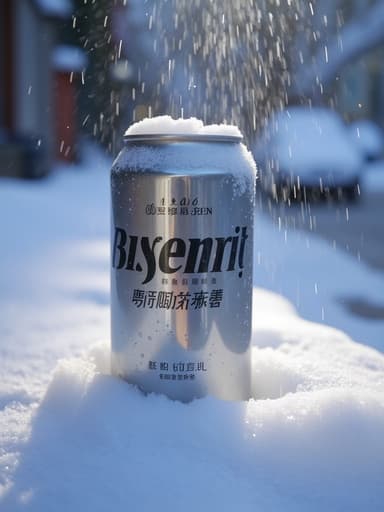 겨울 거리에서 눈이 내리는 음료 캔의 클로즈업, 차분하고 평화로운 분위기를 연출합니다.