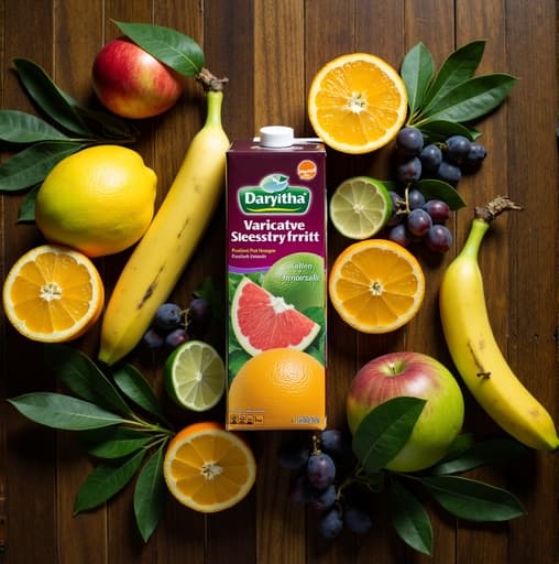 신선한 다양한 과일들이 아름답게 배열되어 있습니다. 밝은 빨간 사과, 노란 바나나, 즙이 많은 오렌지, 깊은 보라색 포도가 포함되어 있으며, 거친 나무 테이블 위에 놓여 있습니다. 부드러운 자연광이 과일의 생생한 색상을 강조하여 초대하고 건강한 분위기를 만들어냅니다.