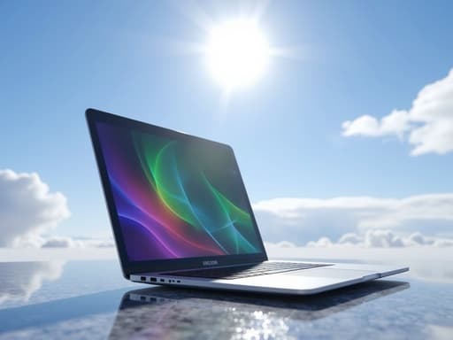 반사면 위에 있는 초현실적인 노트북과 배경에 밝은 무지개 하늘이 있어 밝고 희망적인 분위기를 창출합니다.