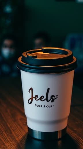 깔끔한 스테인리스 스틸 여행 머그가 아늑한 커피숍의 나무 테이블 위에 놓여 있습니다. 머그는 방수 뚜껑으로 덮여 있으며, 부드러운 따뜻한 조명이 비추고 있습니다. 흐릿한 배경에서는 음료를 즐기고 있는 손님들이 보입니다. 전체적인 분위기는 아늑하고 편안하여 이동 중인 커피 애호가들에게 적합합니다.