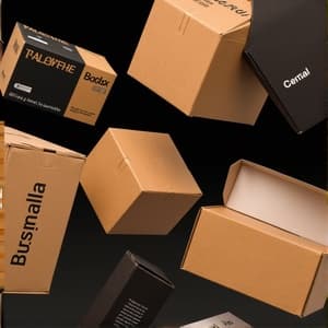 다양한 크기와 형태의 종이 상자들이 라벨이 붙은 것과 없는 것이 섞여 정돈된 모습으로 단색의 검은 배경에 놓여 있다. 상자들에 초점이 맞춰져 있어 그들의 특징과 다양성이 강조된다.