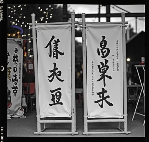 이미지는 우아한 중국 글씨로 장식된 아름다운 디자인의 두 개의 배너를 보여줍니다. 이는 활기찬 야외 축제 배경을 배경으로 하고 있습니다. 배너는 눈에 띄게 전시되어 있으며, 다채로운 장식과 부드러운 빛이 어우러져 문화 축제를 즐기도록 관람객을 초대하는 축제 분위기를 만들어냅니다.